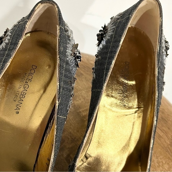 D&G Beaded Plaid Embroidered Gold Metallic Pumps Gray 37 - Picture 7 of 9